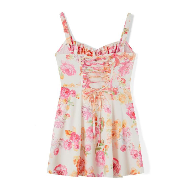 Womenswear Mini One-Piece Dresses Floral Printed Low Cut Lace up Sleeveless Cami Dresses Summer Backless Party Dresses, Lightweight Suitable for Women'S Beach Vacation, Capri Sunshine Dresses, Women'S, Birthday Dresses French Style, Polyester Springtok