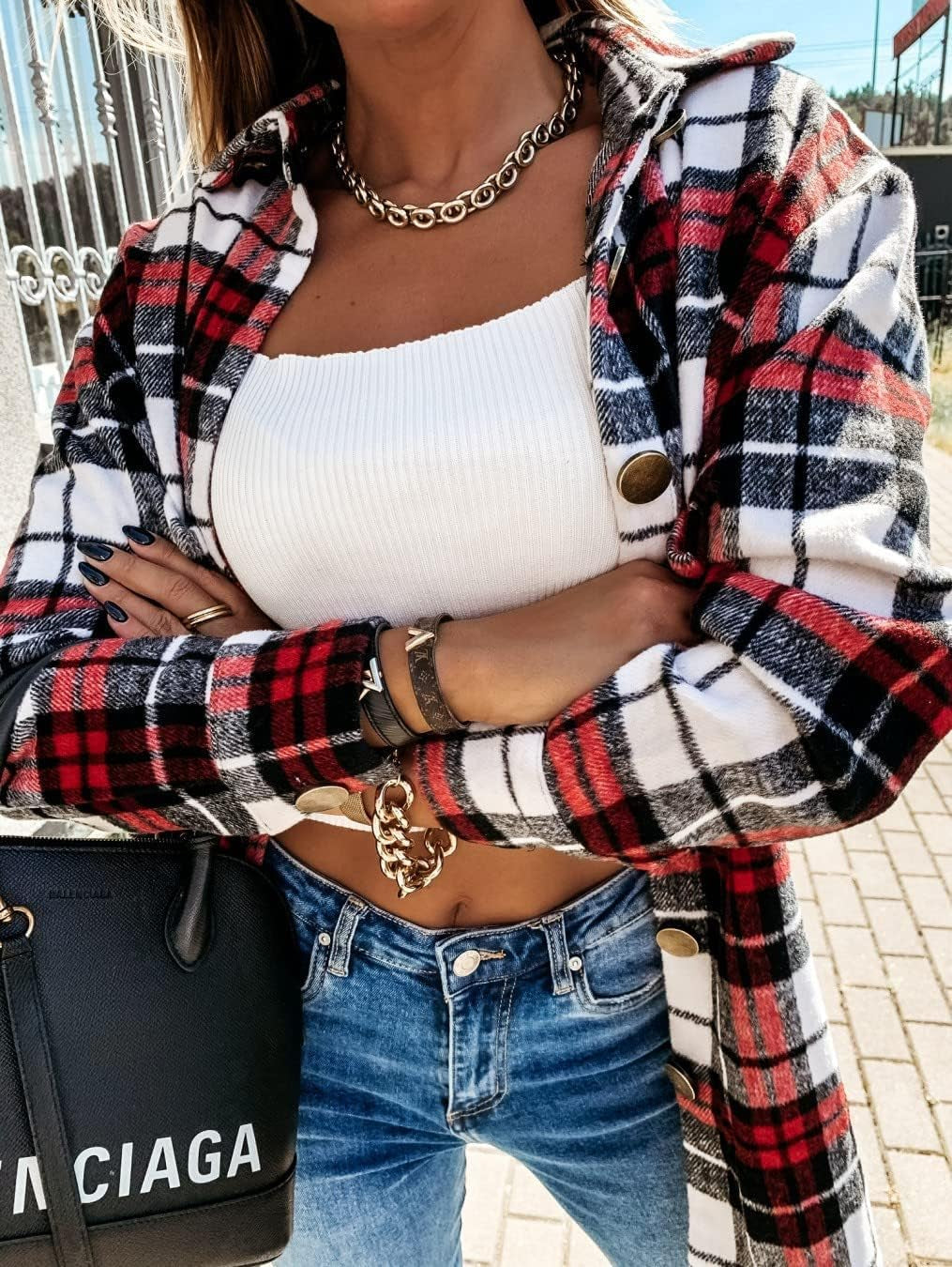 Women's Casual Long Sleeve Flannel Plaid Button-Down Shirt Jacket with Pockets for Fall
