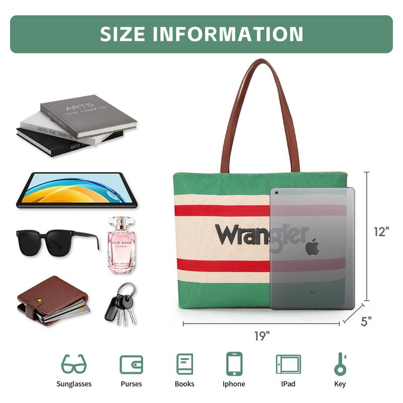 Wrangler Outdoorfun Oversized Trendy Embroidery Tote Bag with Top Zipper, Casual Versatile Handbag Shoulder Purse for Women, Daily Use, Commute Leather Fabric