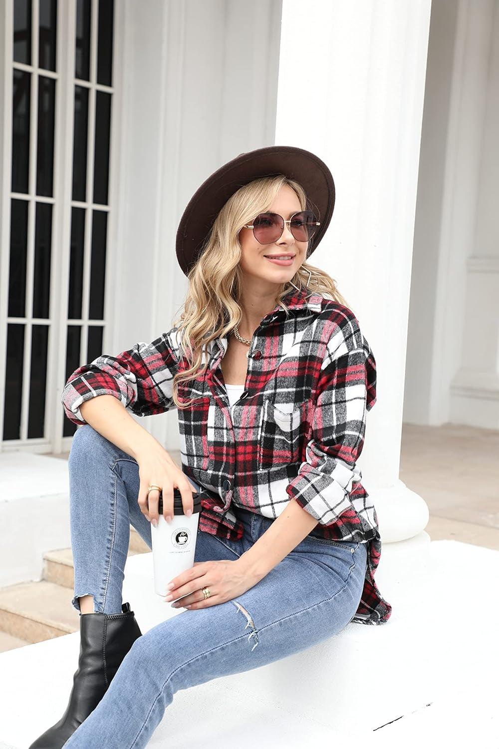 Women's Casual Long Sleeve Flannel Plaid Button-Down Shirt Jacket with Pockets for Fall