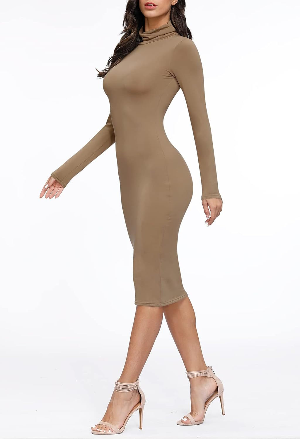 Women's Elegant Knit Midi Dress with High Neck and Long Sleeves featuring Bodycon Cutout Design