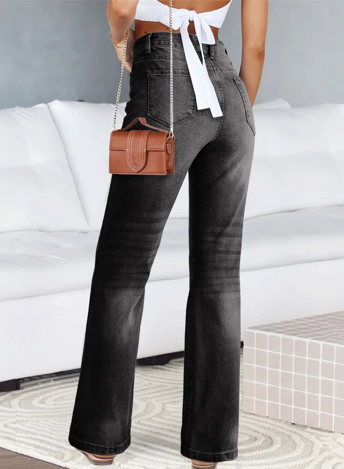 Women's High Rise Wide Leg Jeans - Casual Loose Fit Stretch Denim Trousers with Pockets, US Size 4
