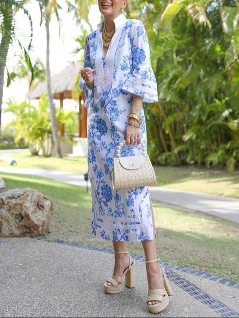 Women'S All over Floral Print Split Hem Lounge Dress, Elegant 3/4 Sleeve Long Dress for Vacation Holiday Wedding Guest, Ladies Clothes for Summer, Womenswear