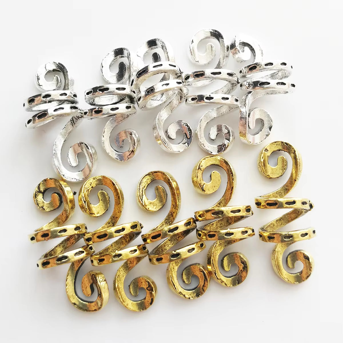 Set of 5 Golden and Silver Viking Spiral Hair Tubes for Dreadlocks and Braids - Jewelry Accessories for Women