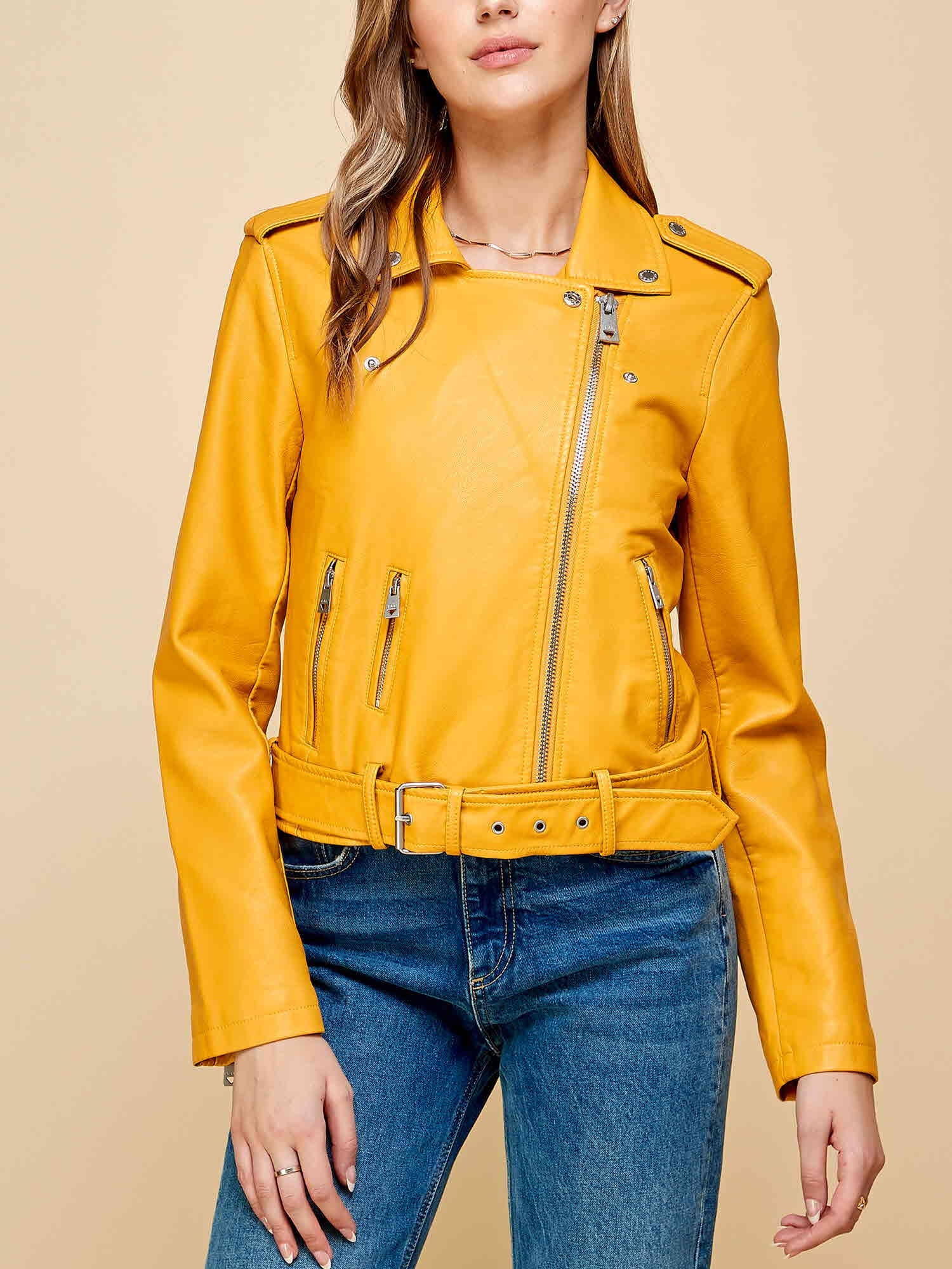 Women's Asymmetrical Faux Leather Belted Moto Jacket in Mustard, Size XL