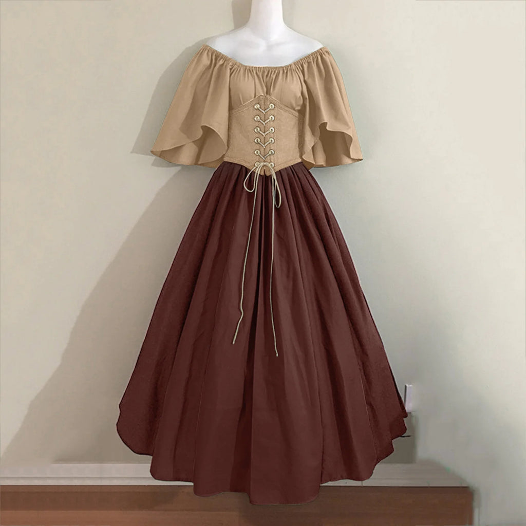 Plus Size Women's Renaissance Faire Dresses - Medieval Irish Traditional Ruffle Over Dress with Corset for Retro Cosplay Gown