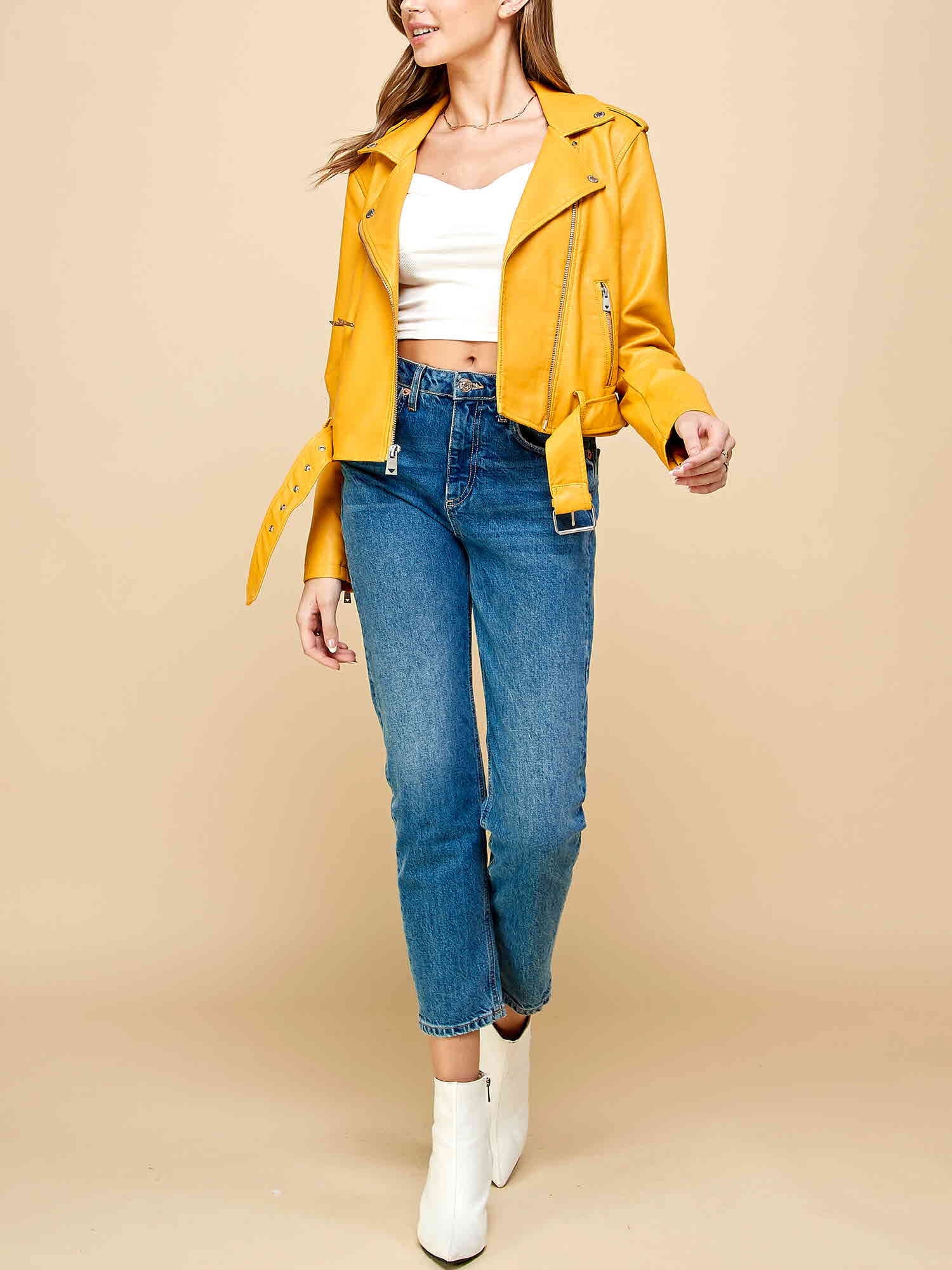 Women's Asymmetrical Faux Leather Belted Moto Jacket in Mustard, Size XL
