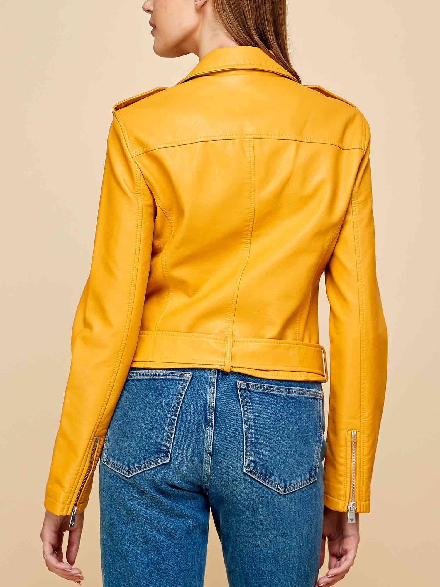 Women's Asymmetrical Faux Leather Belted Moto Jacket in Mustard, Size XL