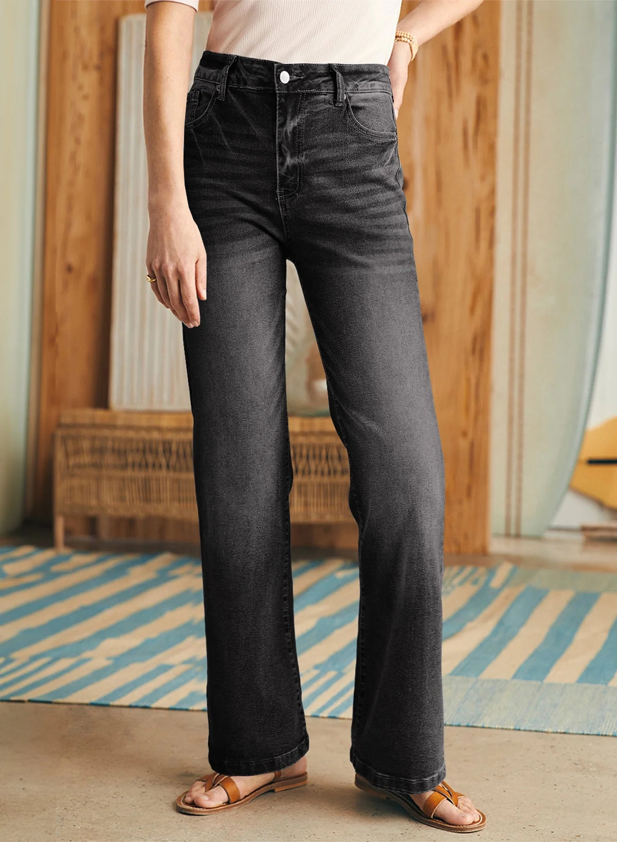 Women's High Rise Wide Leg Jeans - Casual Loose Fit Stretch Denim Trousers with Pockets, US Size 4