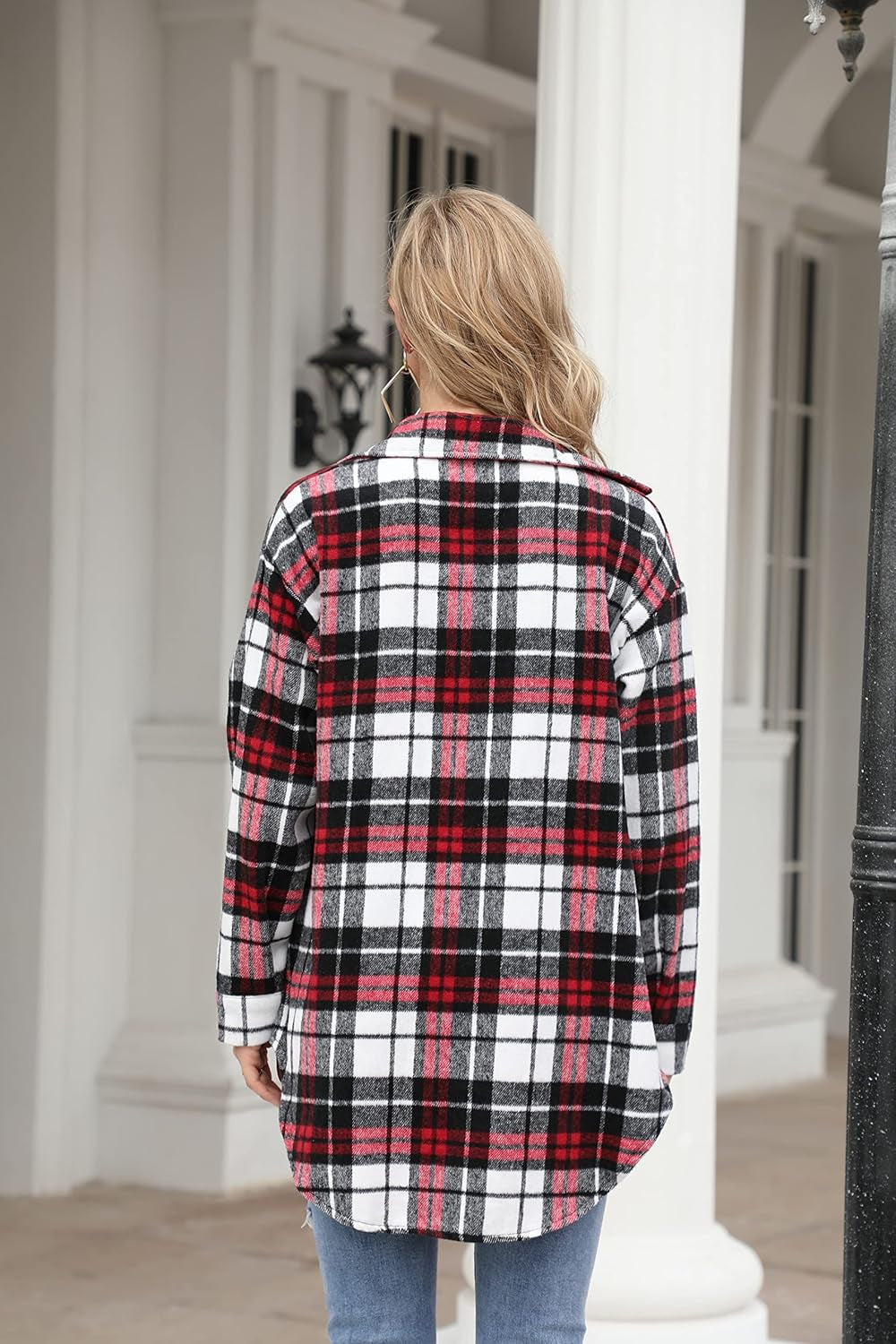 Women's Casual Long Sleeve Flannel Plaid Button-Down Shirt Jacket with Pockets for Fall