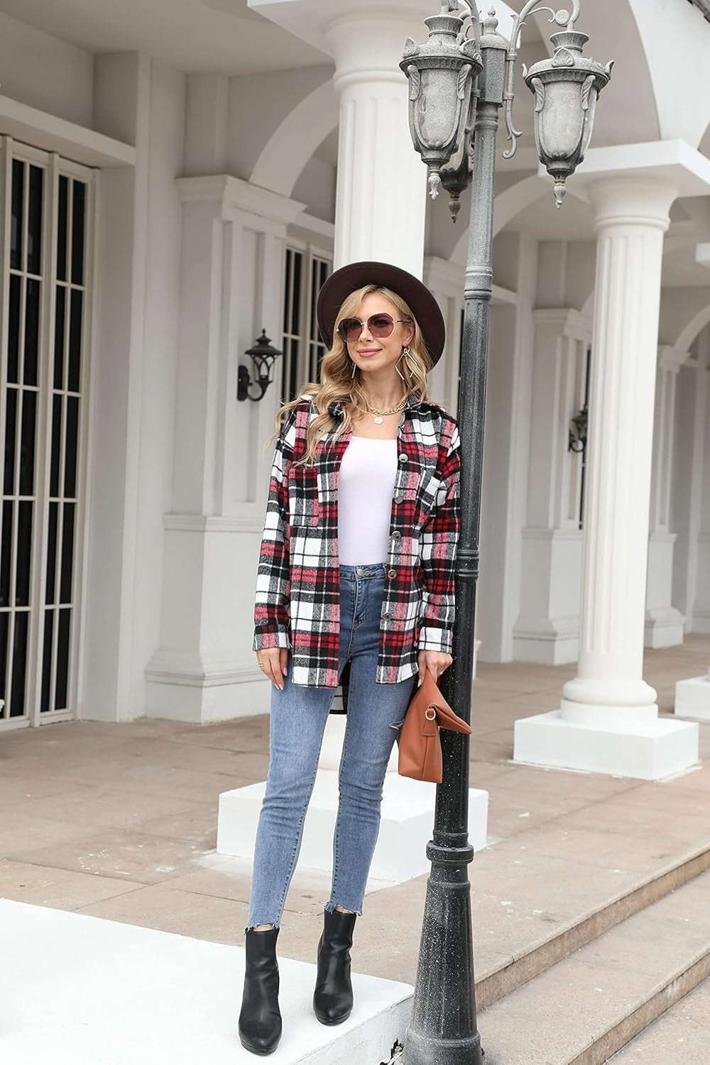 Women's Casual Long Sleeve Flannel Plaid Button-Down Shirt Jacket with Pockets for Fall