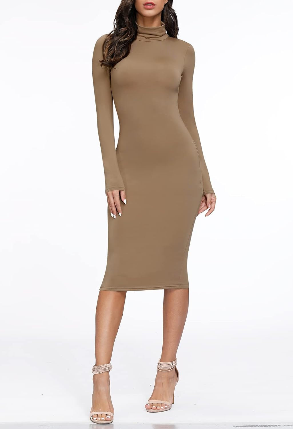 Women's Elegant Knit Midi Dress with High Neck and Long Sleeves featuring Bodycon Cutout Design
