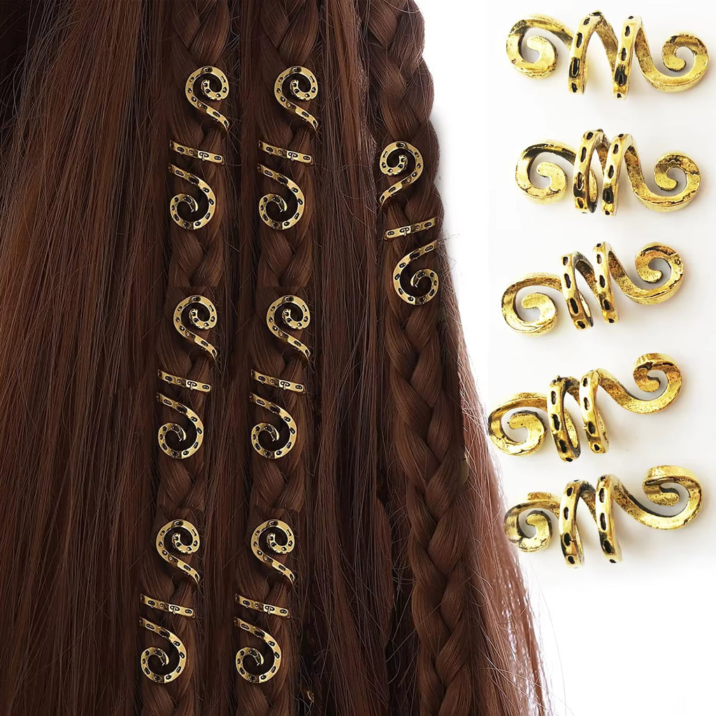 Set of 5 Golden and Silver Viking Spiral Hair Tubes for Dreadlocks and Braids - Jewelry Accessories for Women