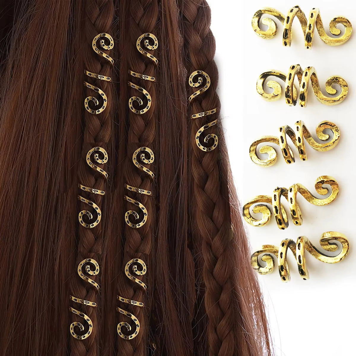 Set of 5 Golden and Silver Viking Spiral Hair Tubes for Dreadlocks and Braids - Jewelry Accessories for Women