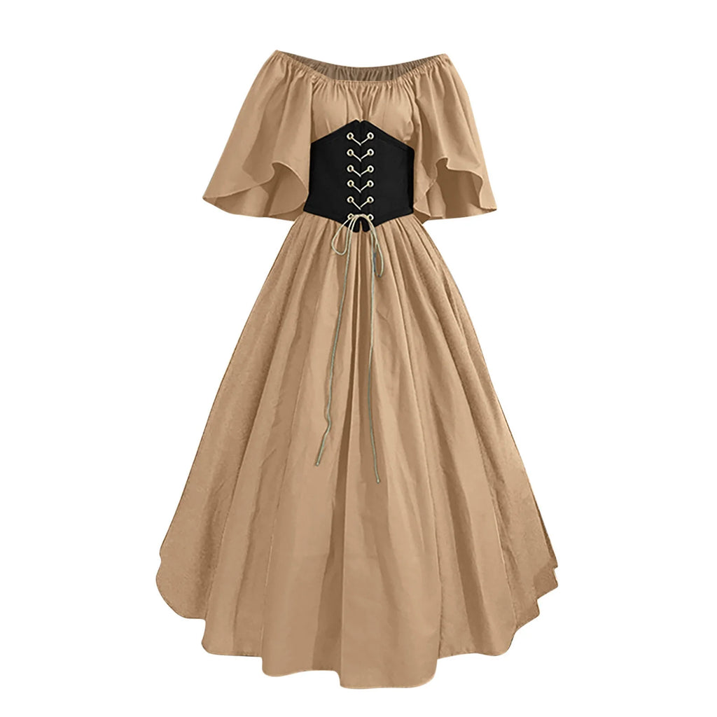 Women's Plus Size Renaissance Faire Dresses - Medieval Irish Traditional Ruffle Over Dress with Corset for Retro Cosplay Gown