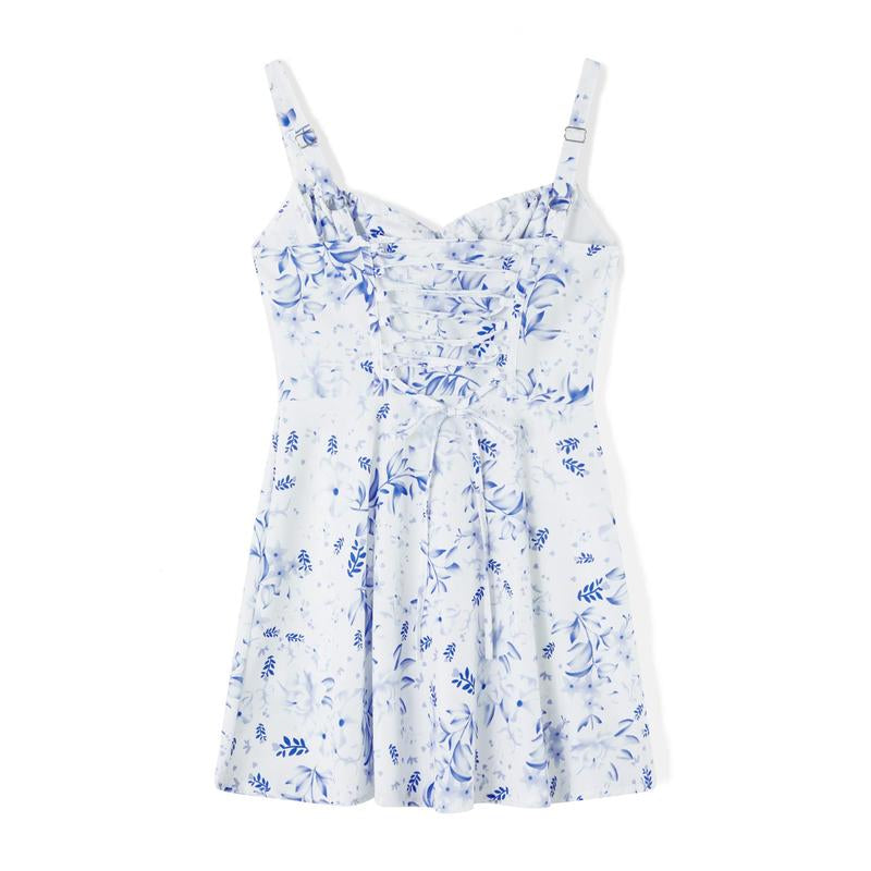 Womenswear Mini One-Piece Dresses Floral Printed Low Cut Lace up Sleeveless Cami Dresses Summer Backless Party Dresses, Lightweight Suitable for Women'S Beach Vacation, Capri Sunshine Dresses, Women'S, Birthday Dresses French Style, Polyester Springtok