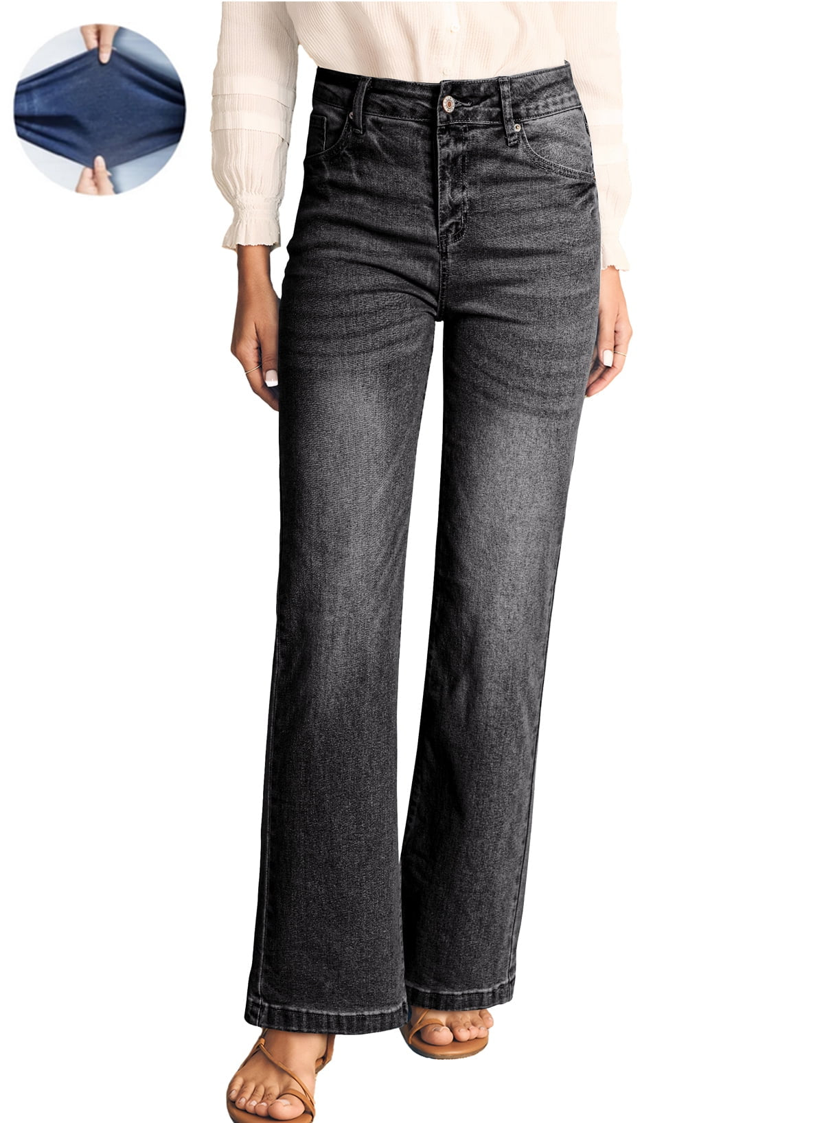 Women's High Rise Wide Leg Jeans - Casual Loose Fit Stretch Denim Trousers with Pockets, US Size 4