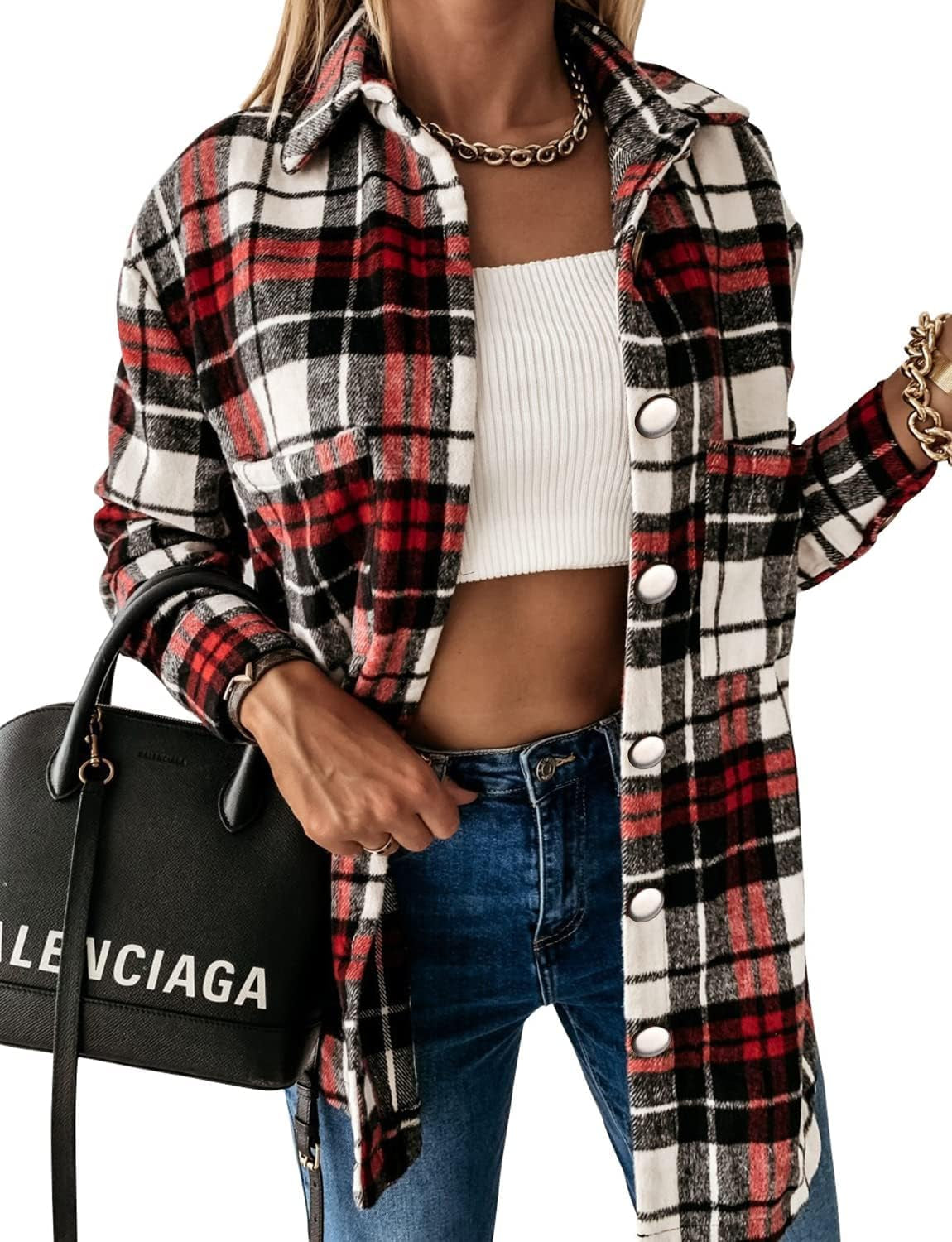 Women's Casual Long Sleeve Flannel Plaid Button-Down Shirt Jacket with Pockets for Fall