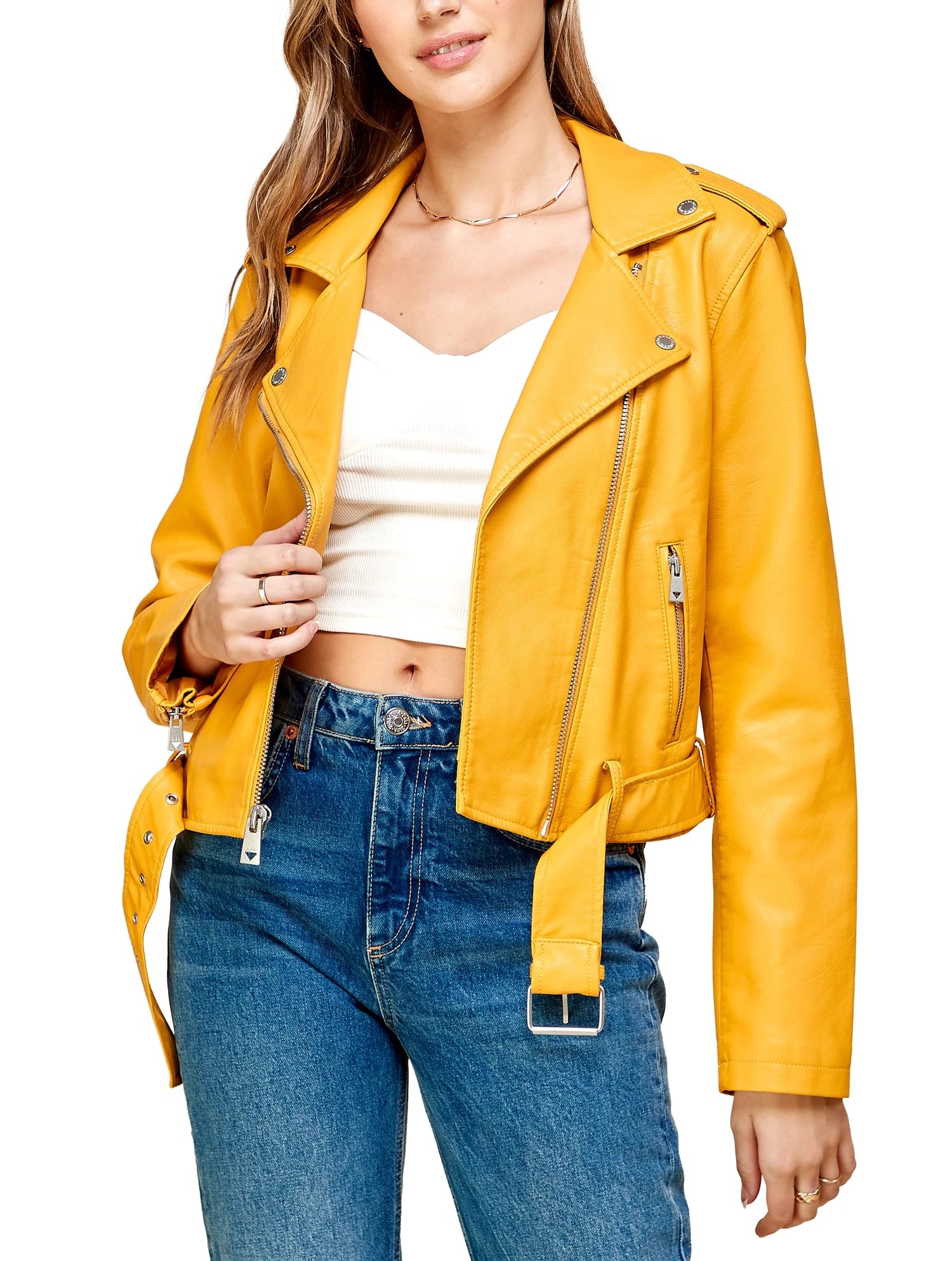 Women's Asymmetrical Faux Leather Belted Moto Jacket in Mustard, Size XL