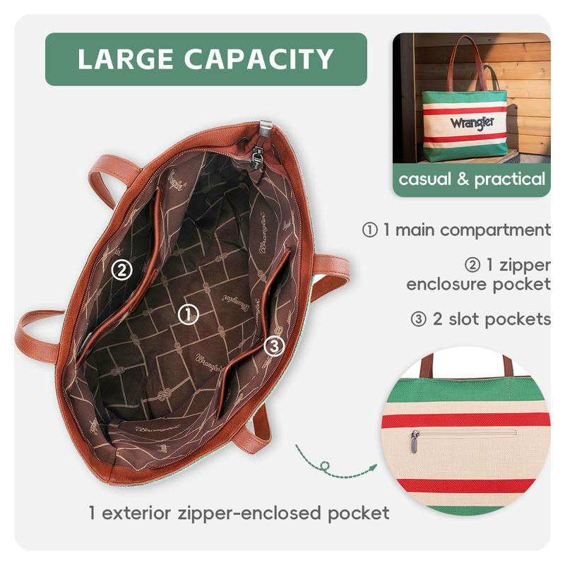 Wrangler Outdoorfun Oversized Trendy Embroidery Tote Bag with Top Zipper, Casual Versatile Handbag Shoulder Purse for Women, Daily Use, Commute Leather Fabric