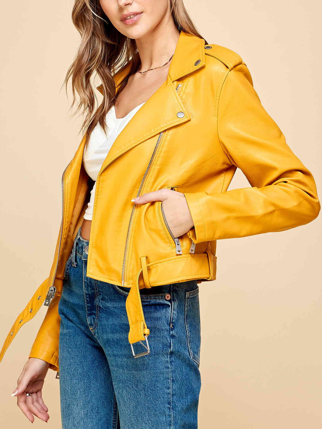 Women's Asymmetrical Faux Leather Belted Moto Jacket in Mustard, Size XL
