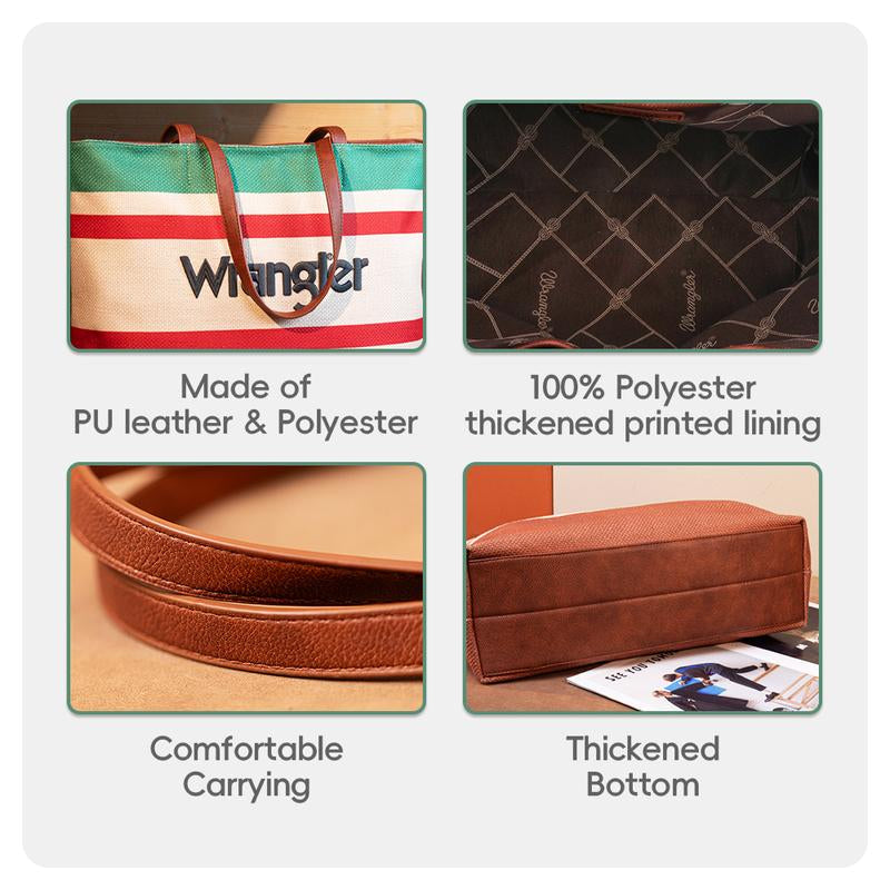Wrangler Outdoorfun Oversized Trendy Embroidery Tote Bag with Top Zipper, Casual Versatile Handbag Shoulder Purse for Women, Daily Use, Commute Leather Fabric
