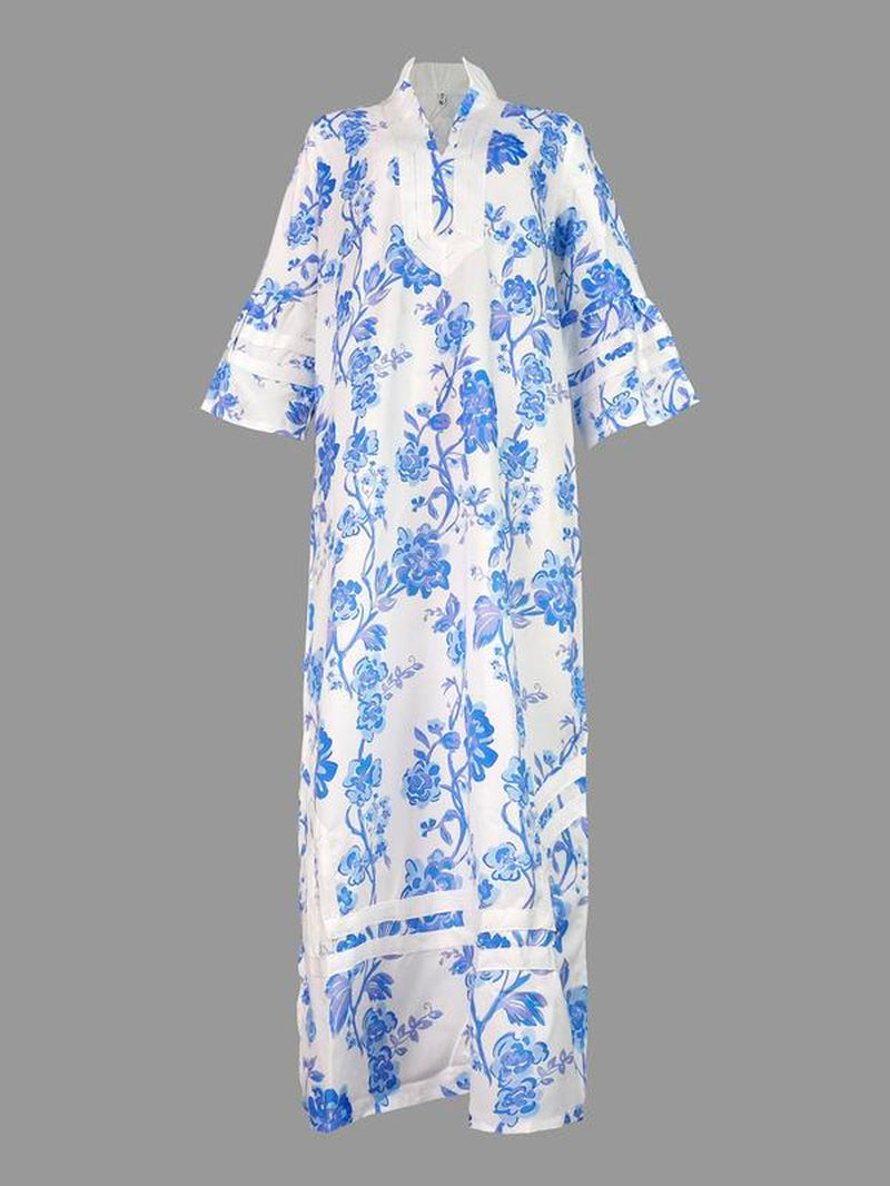 Women'S All over Floral Print Split Hem Lounge Dress, Elegant 3/4 Sleeve Long Dress for Vacation Holiday Wedding Guest, Ladies Clothes for Summer, Womenswear