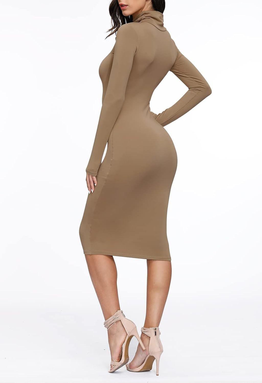 Women's Elegant Knit Midi Dress with High Neck and Long Sleeves featuring Bodycon Cutout Design