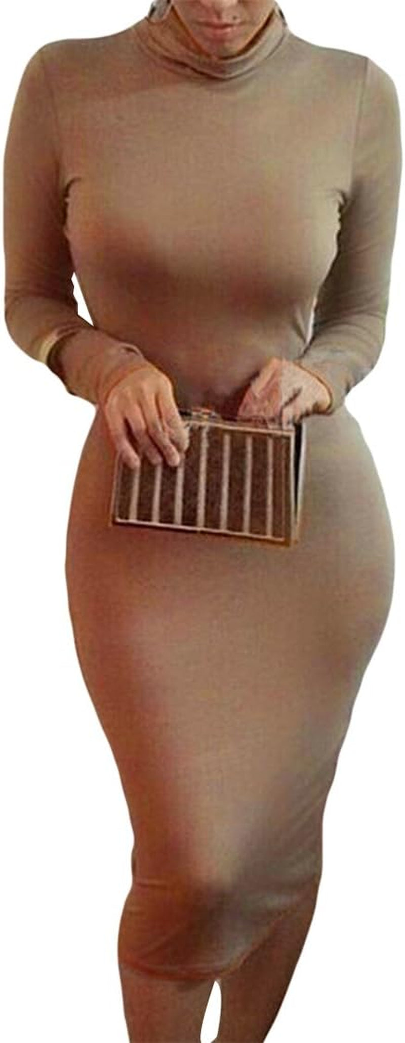Women's Elegant Knit Midi Dress with High Neck and Long Sleeves featuring Bodycon Cutout Design
