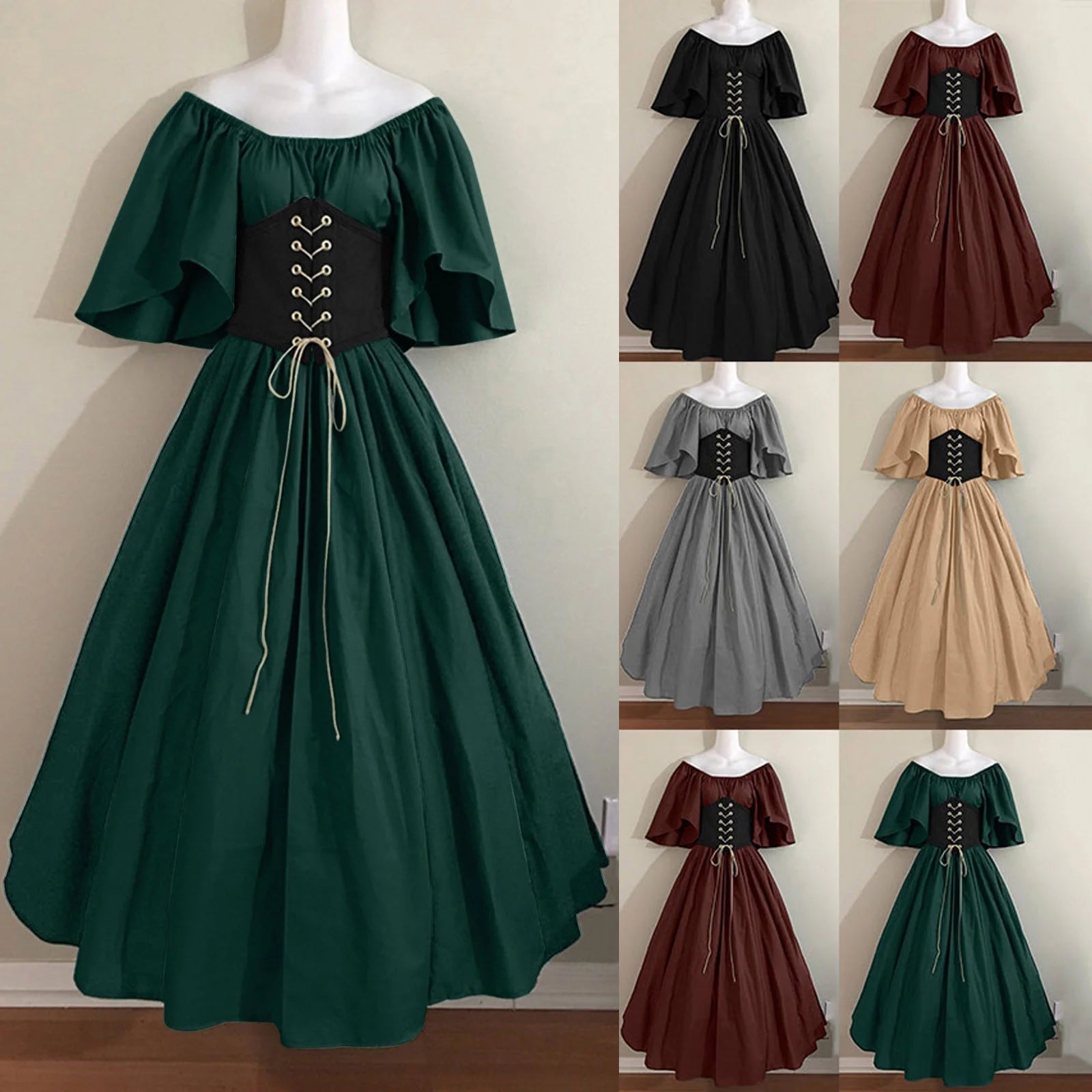 Plus Size Women's Renaissance Faire Dresses - Medieval Irish Traditional Ruffle Over Dress with Corset for Retro Cosplay Gown