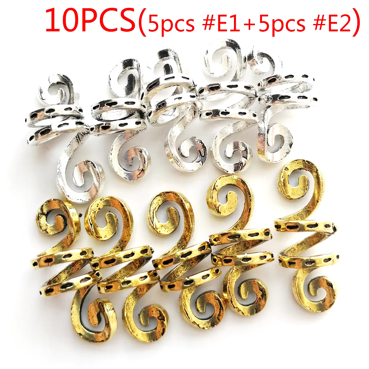 Set of 5 Golden and Silver Viking Spiral Hair Tubes for Dreadlocks and Braids - Jewelry Accessories for Women