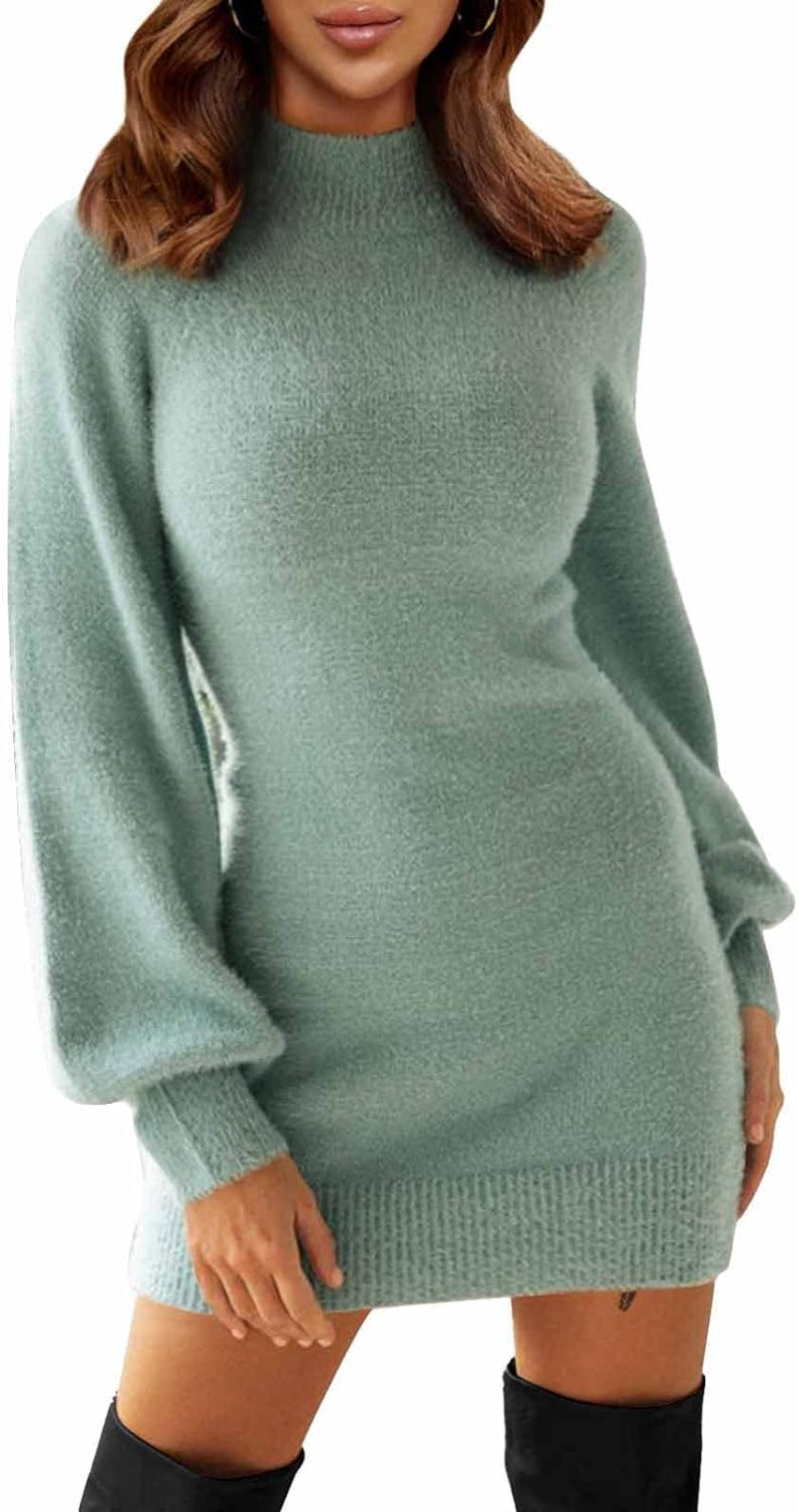 Women's 2025 Mock Neck Ribbed Long Sleeve Bodycon Mini Sweater Dress